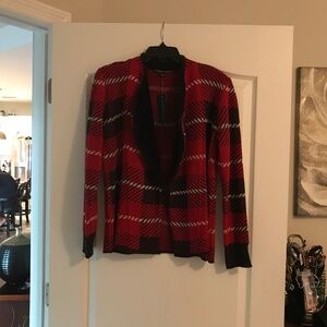 Adrienne Vittadini Red Black Plaid Cardigan With Faux Shearling Collar Size M